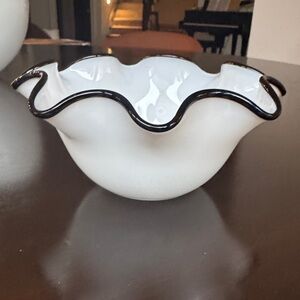 White Ruffled Glass Bowl with Black Trim